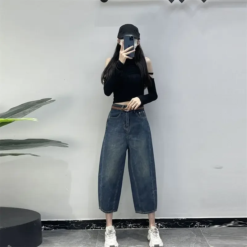 سراويل نسائية غير رسمية مرنة بطول الكاحل ، جينز تنحيف ، خصر مرتفع للشخصيات الصغيرة ، ساق مستقيمة ، بنطال موزة ، موضة