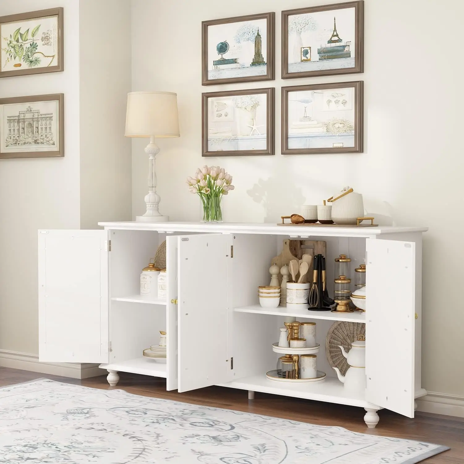 Sideboard Buffet Cabinet with 4 Storage Compartments & 4 Carved Mirror Doors, Kitchen Console Table Storage Cabinet Coffee