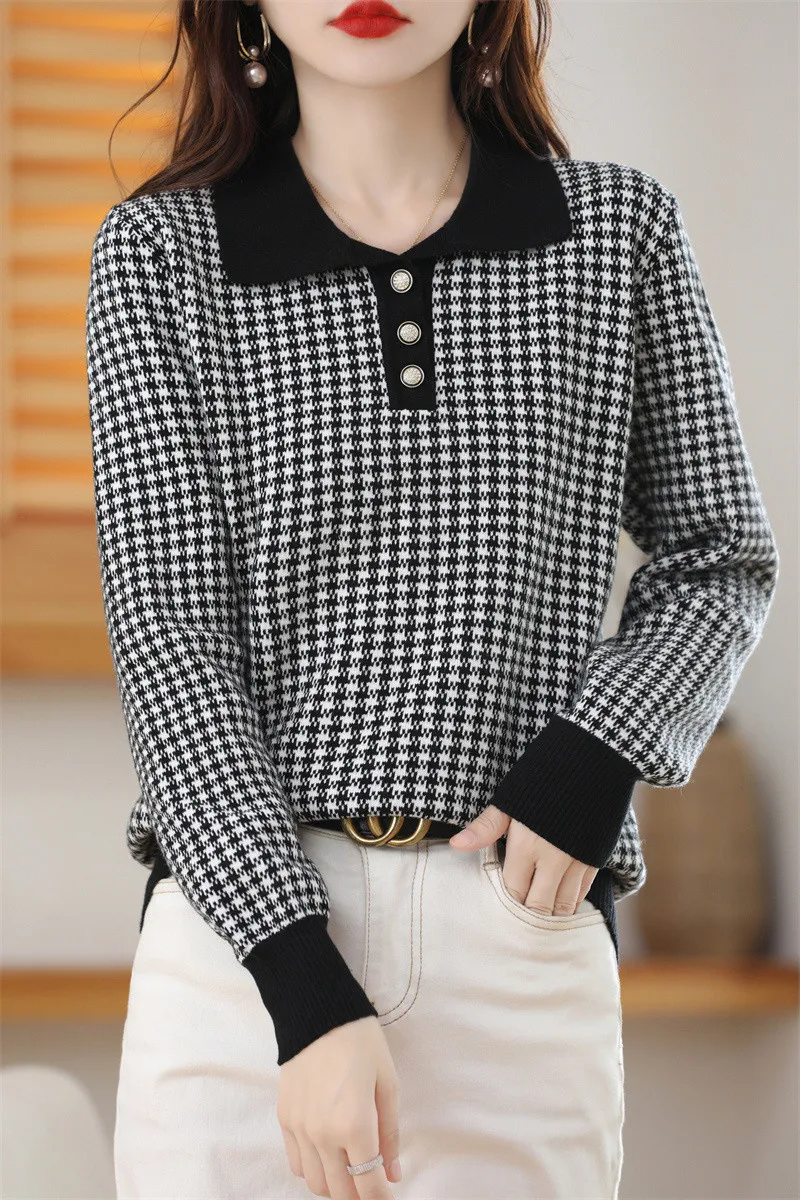 Autumn and Winter New Polo Collar Thousand Bird Grid 100% Pure Cotton Long sleeved Knitted Bottom Shirt Women's Pullover Sweater