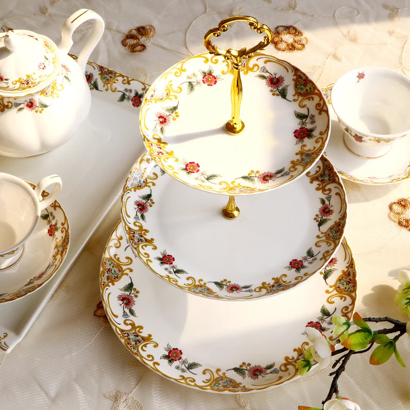 6+8+10inch, Fine Bone China Floral Cake Stand, Nordic Ceramic Plate Gold Plates, Fruit Plate, Dish Set, for Buffet