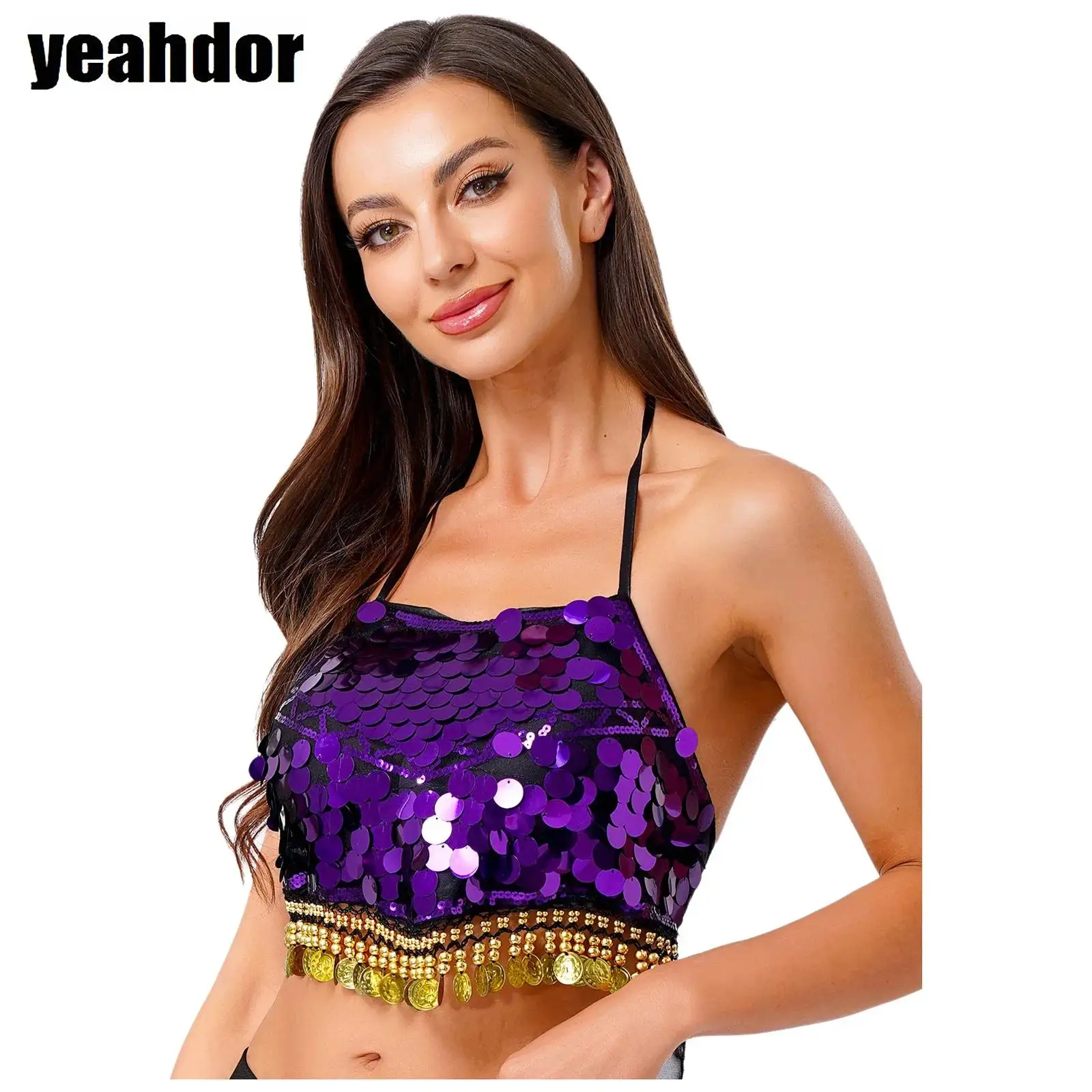 Vrouwen Buikdans Sequin Fringe Top Backless Lace-up Halter Bh Dancewear Buikdans Dans Crop Tops Dansen Prestaties kostuum