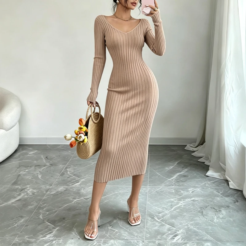Damen Einfarbiges V-Ausschnitt Geripptes Strick-Maxikleid Elastisches Langarm-Bodycon-Kleid Damen Casual Party Modekleider – Detail 6