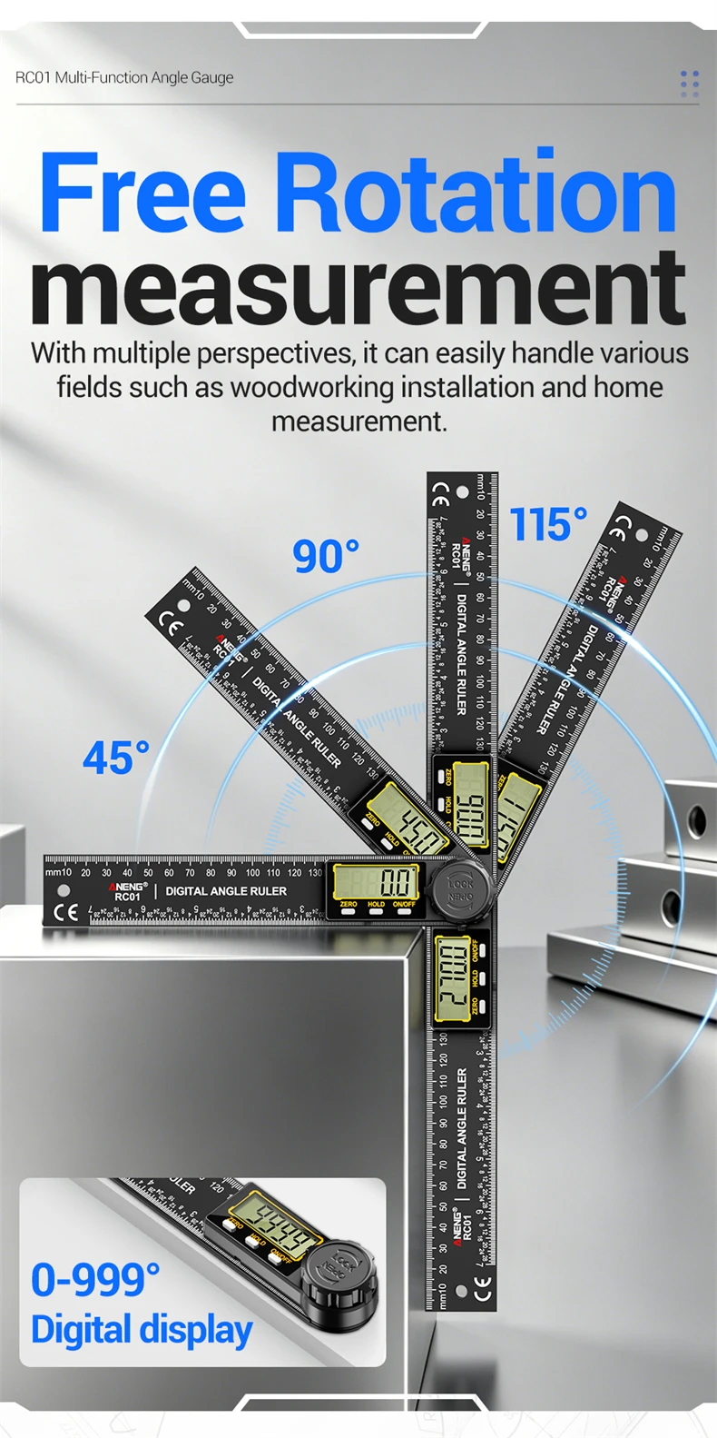 ANENG RC01 Digitaler Winkelmesser 0,0‑999,9 ° Nullpunkt-Reset, Datenhaltefunktion, automatische Abschaltung, Präzisions-Messwerkzeug für die Holzbearbeitung – Detail 4