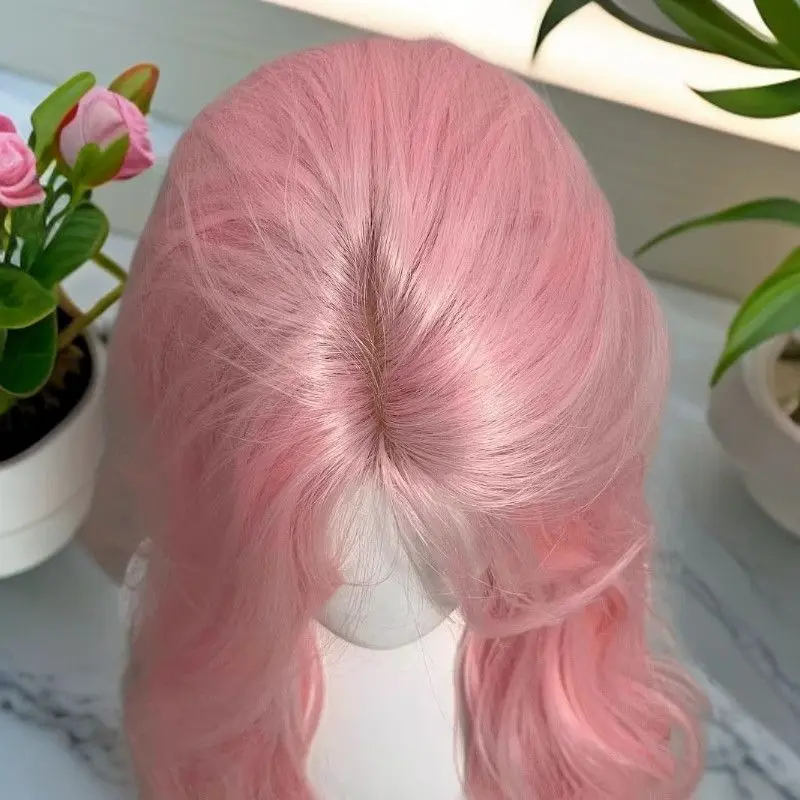 ‌ Perruque Lolita rose clair-cheveux bouclés volumineux avec partie centrale, bonnet complet synthétique d'aspect naturel, accessoires de Cosplay Kawaii