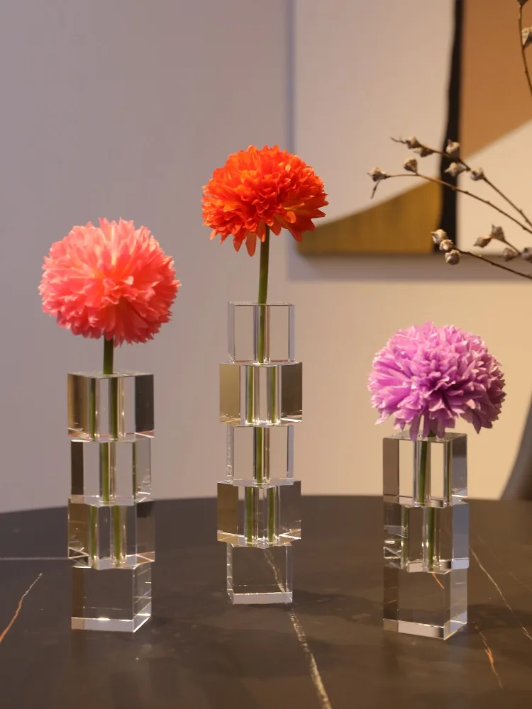 Modern Multicolored Stack Crystal Glass Vase, Cube Block Shaped Small Bud Vase for Living Room Table Centerpiece