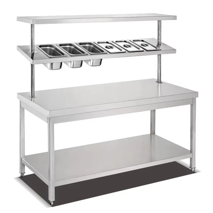 معدات المطبخ التجارية بسعر المصنع منضدة عمل من الفولاذ المقاوم للصدأ مجمعة من ثلاث طبقات مع رف مزدوج لغرفة الطعام