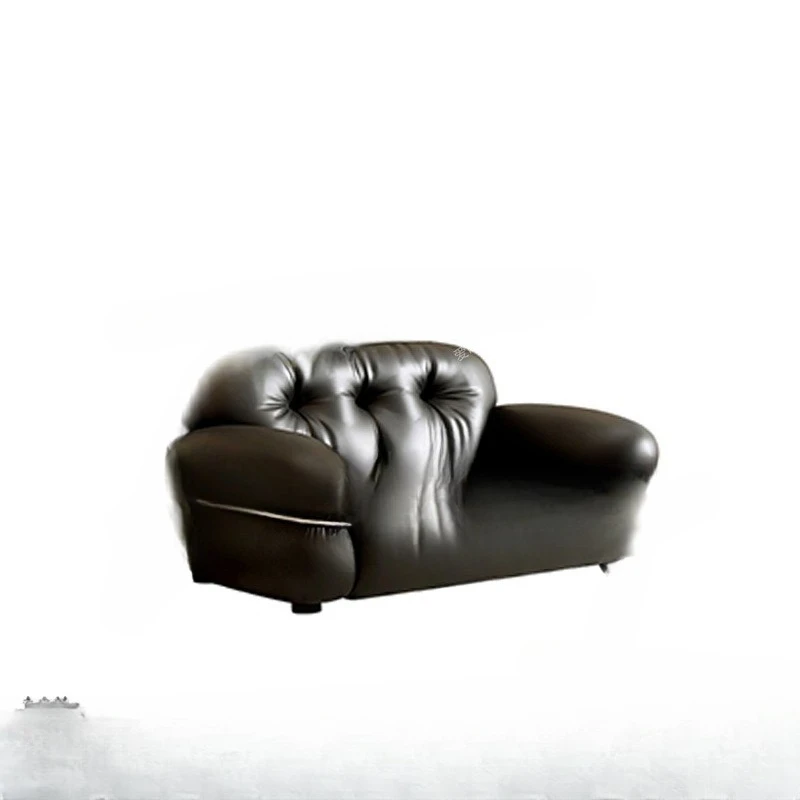 

High-end black modern leather straight-row sofa, living room small apartment combination steel ring