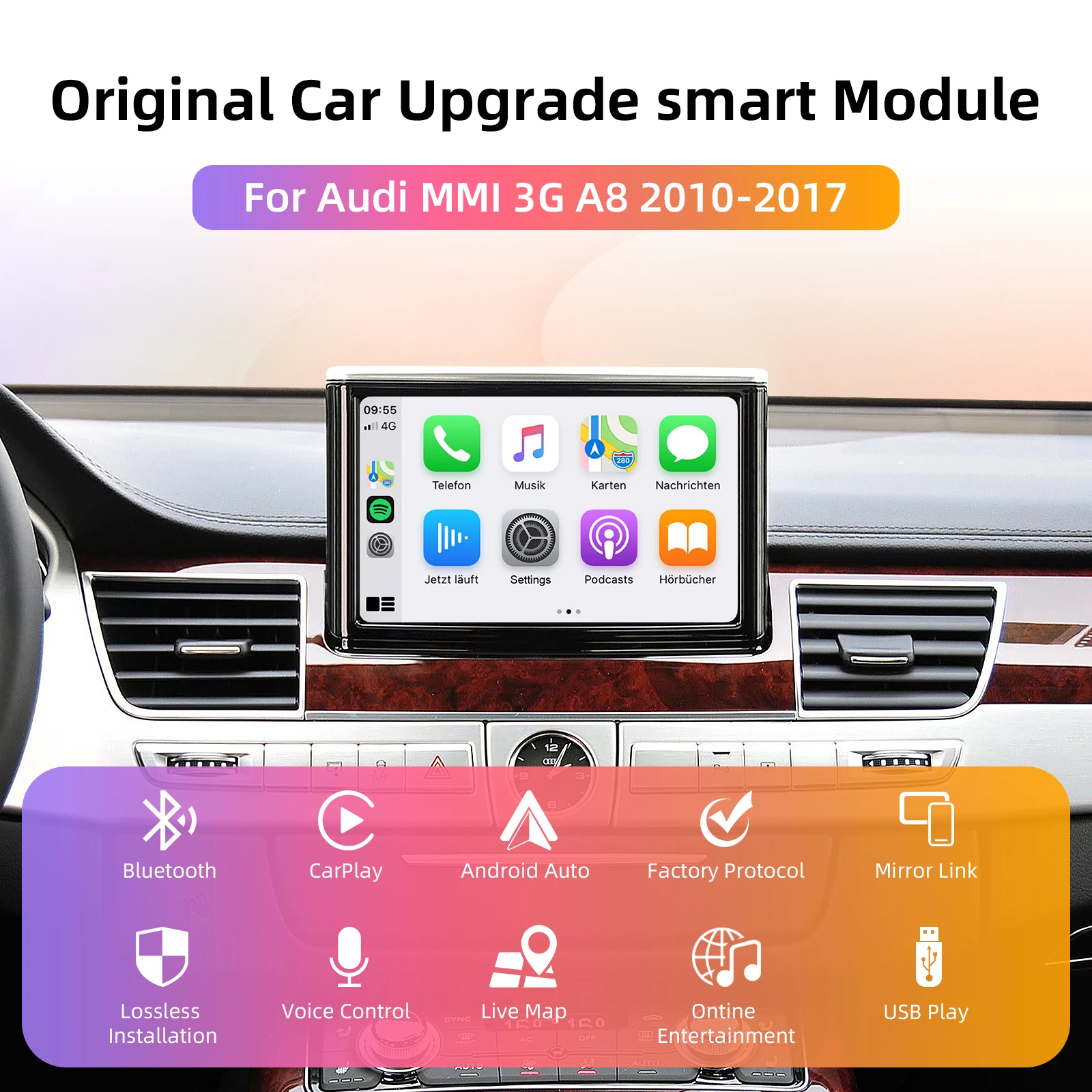 Wireless CarPlay Android Auto Retrofit Kit Decoder Box  for Audi A8 2010-2017 MMI 3G System 6.5/7 Inch Keep OEM Screen Upgrade