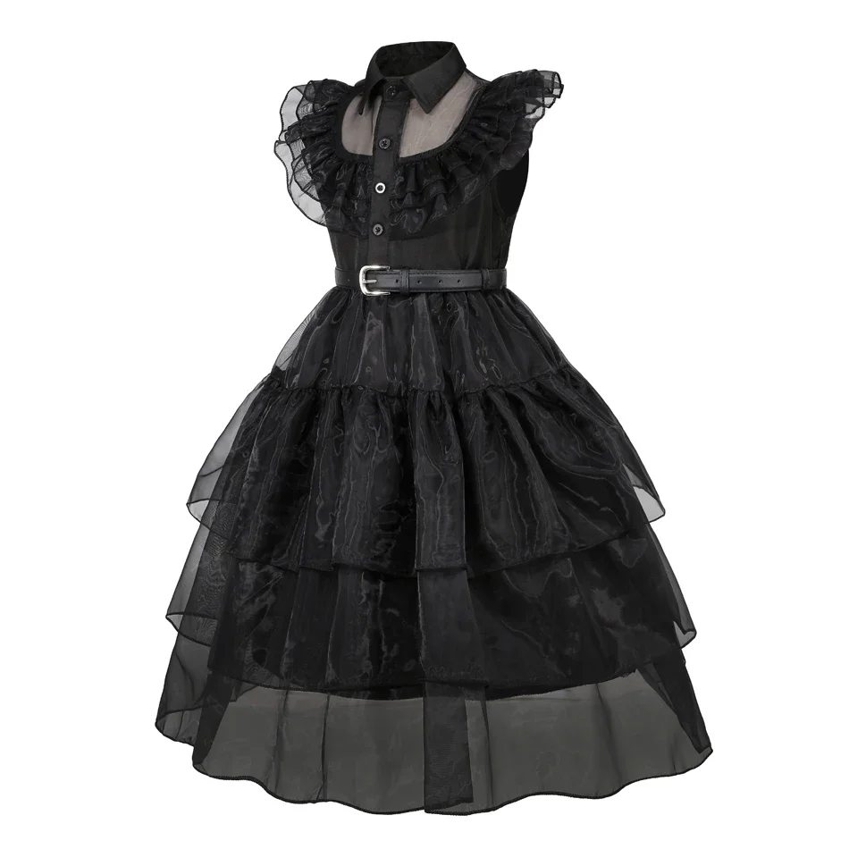 W-Wednesday Costume Addams Black Dress Halloween Costumes Kids Girl Witch Hats for Make up Party