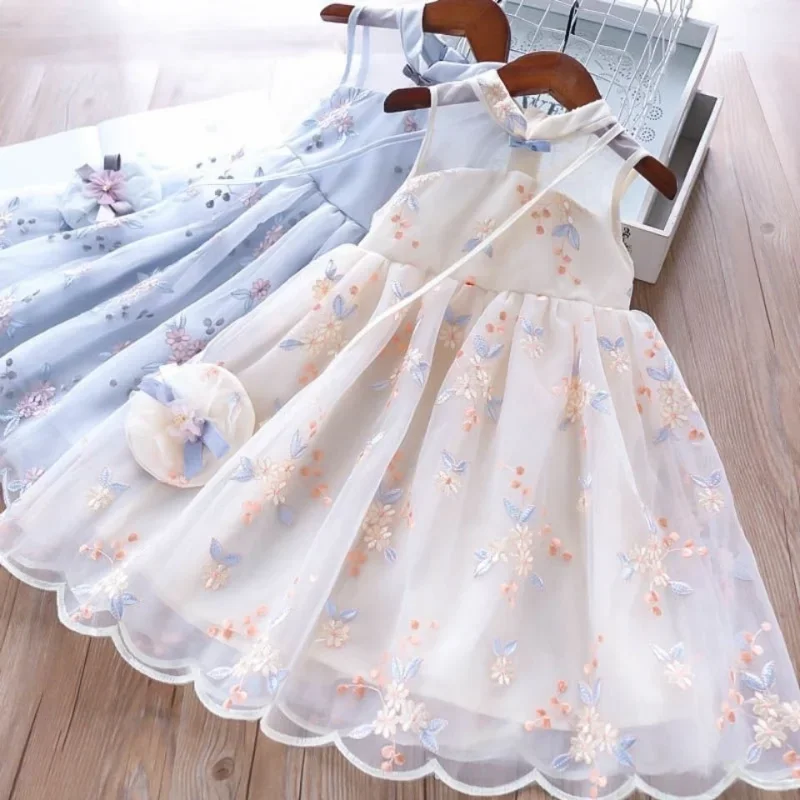 2024 Girls' One-piece Dress Chinese Dress Cheongsam Children's Retro Gauze Skirt Baby's Summer Skirt 12+y Kids Clothes