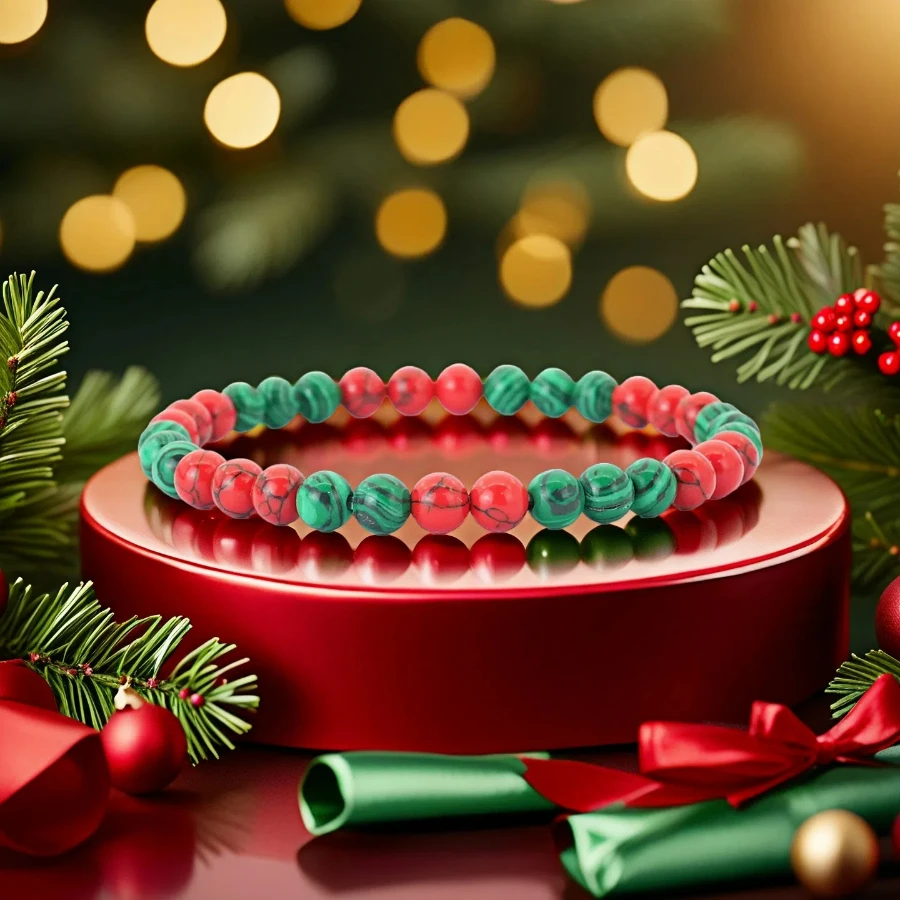 

New Christmas Bracelet Men Women Handmade 6mm Red Turquoise Malachite Stone Strand Braslet Lucky Red Beads Braclet Pulseras Gift