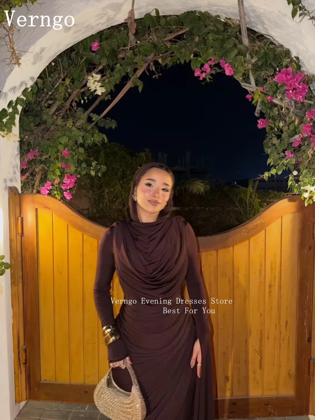 Verngo Bruin Crêpe Prom Jassen Hoge Hals Volledige Mouwen Zeemeermin Formele Gelegenheid Jurk Moslim Prom Partij Jassen Aangepast