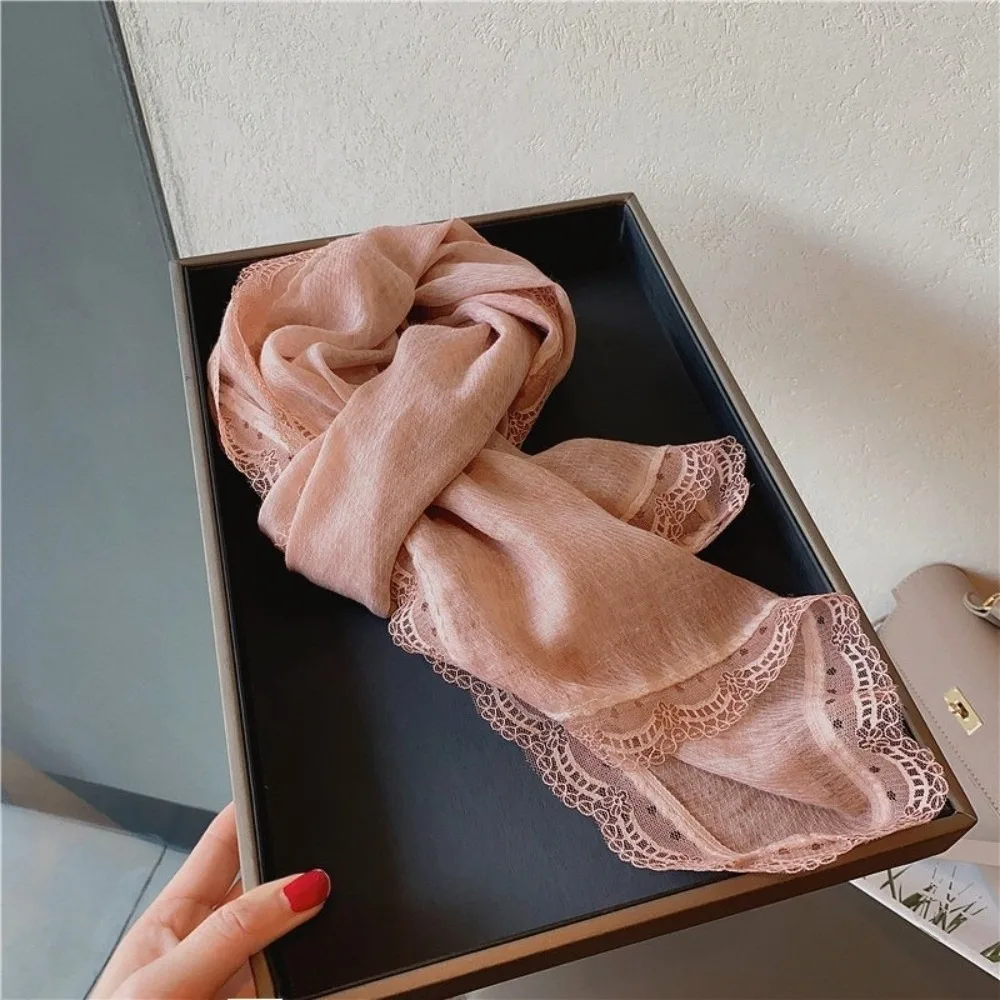 

Literary Elegant Flaxen Lace Scarf Lace Edge Solid Color Cotton Linen Scarf Breathable Women's Shawl for Women