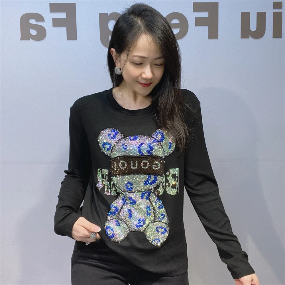 2026 New Autumn Black Thread Cotton Long Sleeve T-shirt High Stretch Cartoon Hot Diamonds Round Neck Pullover Top Slim Basic Tee