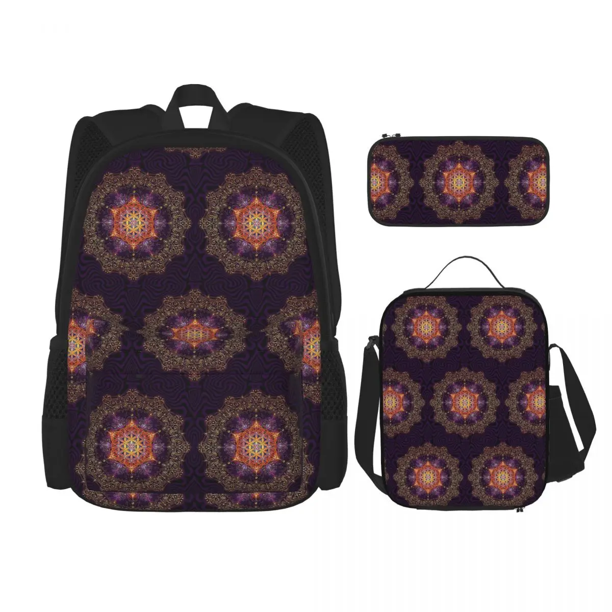 

Flower Of Life Golden Lace Mandala Backpacks Kids Bookbag School Bags Rucksack Lunch Bag Pen Bag Three-Piece Set