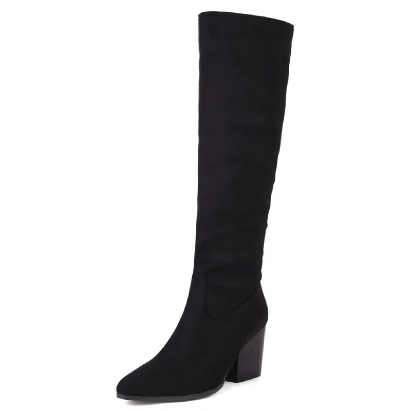 Faxu Suede Knee High Boots Women Shoes Autumn Winter Fashion Long Tall Boot Female Block High Heels Flock Black Red Party Shoes