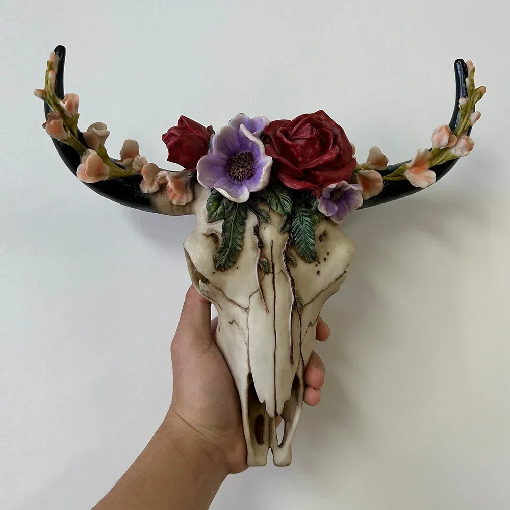 

Nature Skull Cow Head Wall Hanging Pendant Treant Rose Flower Totem Longhorn Bull Skull Ornament Art Crafts OX Figurines Decors