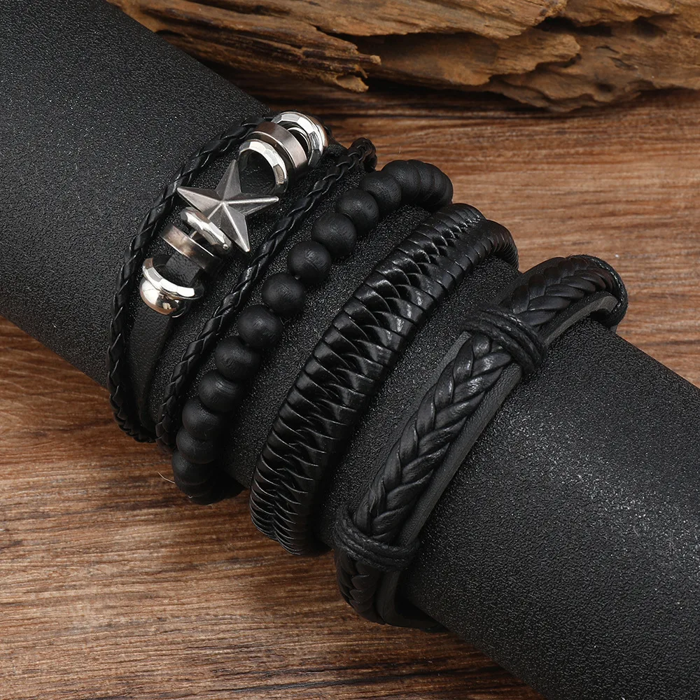 Trendy Black Men's Minimalist Bracelet Alloy Five Pointed Star Beaded Leather Bracelet Combination Set Of Four Party Accessories image 3