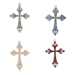 Kissitty 4 Style Latin Cross Alloy Rhinestone Big Pendants Antique Silver Color Charm For Necklace Jewelry Making Findings