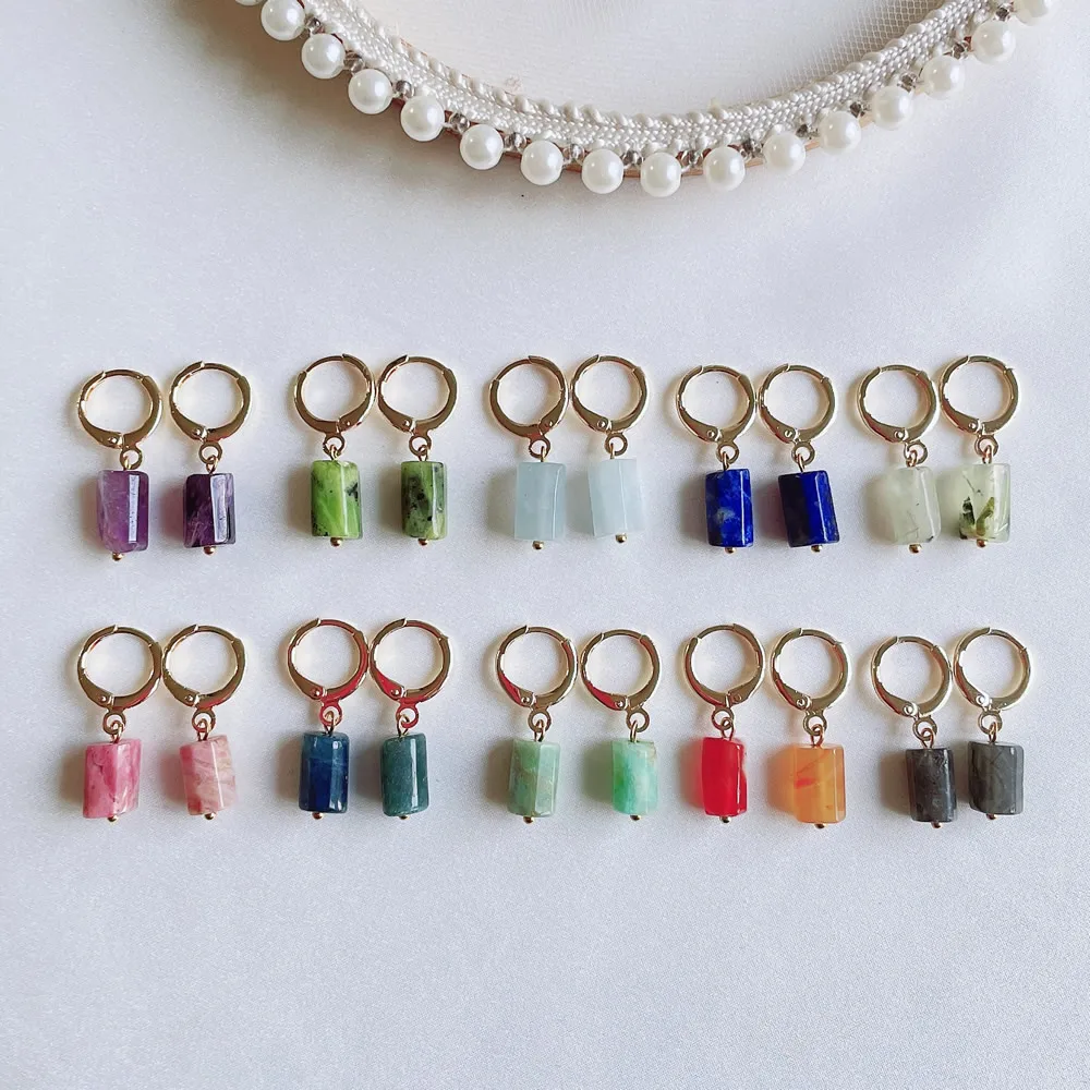 Simple Fashion Real Crystal Earrings Small Ear Loop Column Irregular Pillar Stone Agates Lapis Purple Blue Crystal Drop Earrings