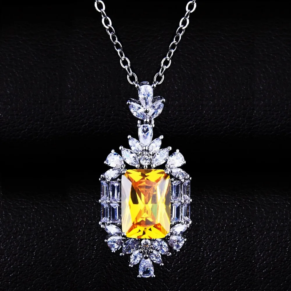 Luxury 925 Sterling Silver Diamond Pendant, Micro-set Diamond Engraved Gemstone Open Ring, Yellow Diamond Earring, Necklace
