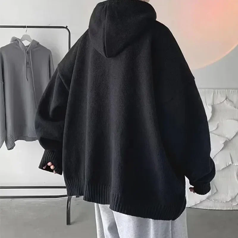 Męski pulower z kapturem koreański styl klasyczny jednolity kolor bluzy w stylu Casual oversize luźna dzianina męska dzianinowe swetry