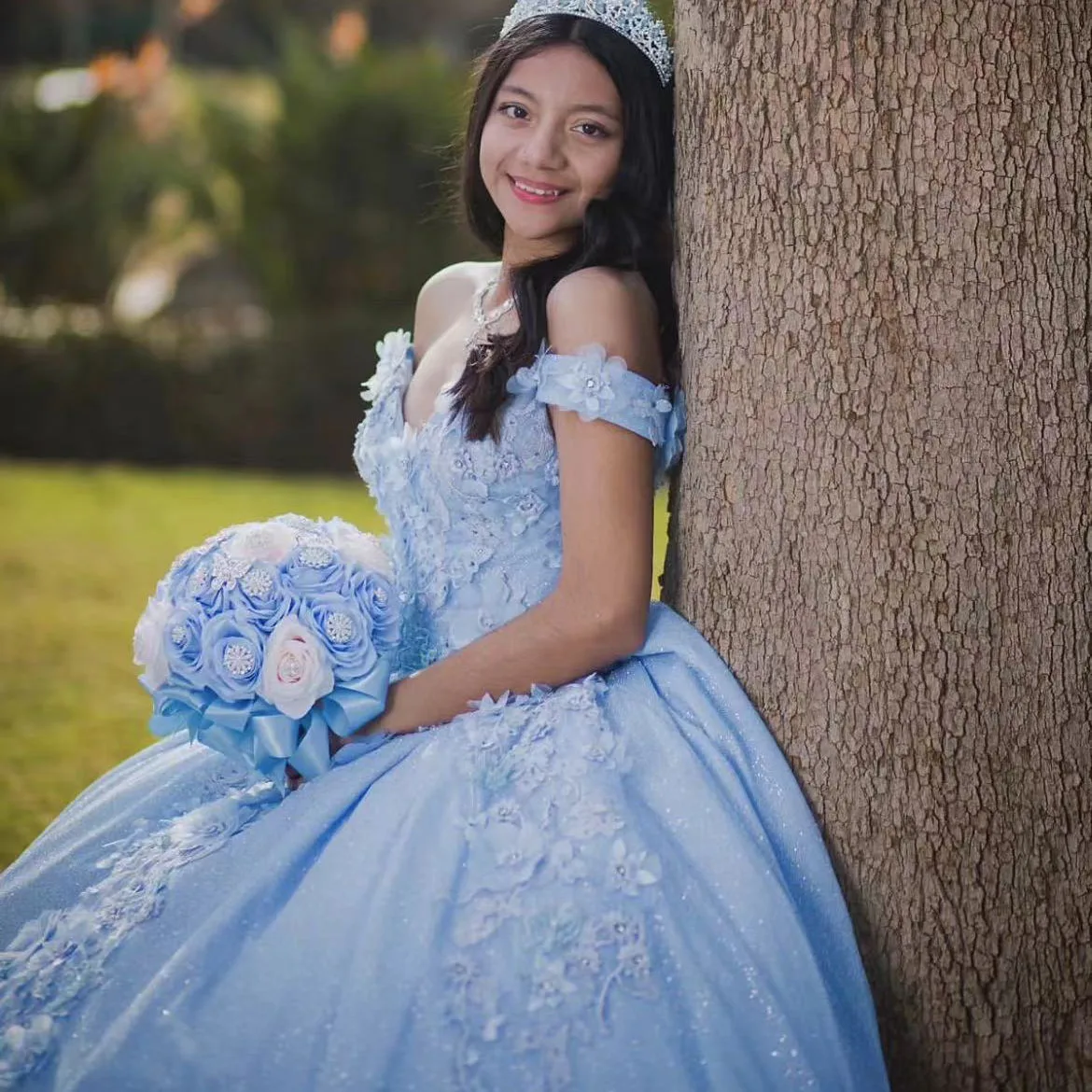 Céu azul quinceanera vestidos de baile tule applique 3d flores vestidos 15th festa aniversário princesa doce 16 vestido