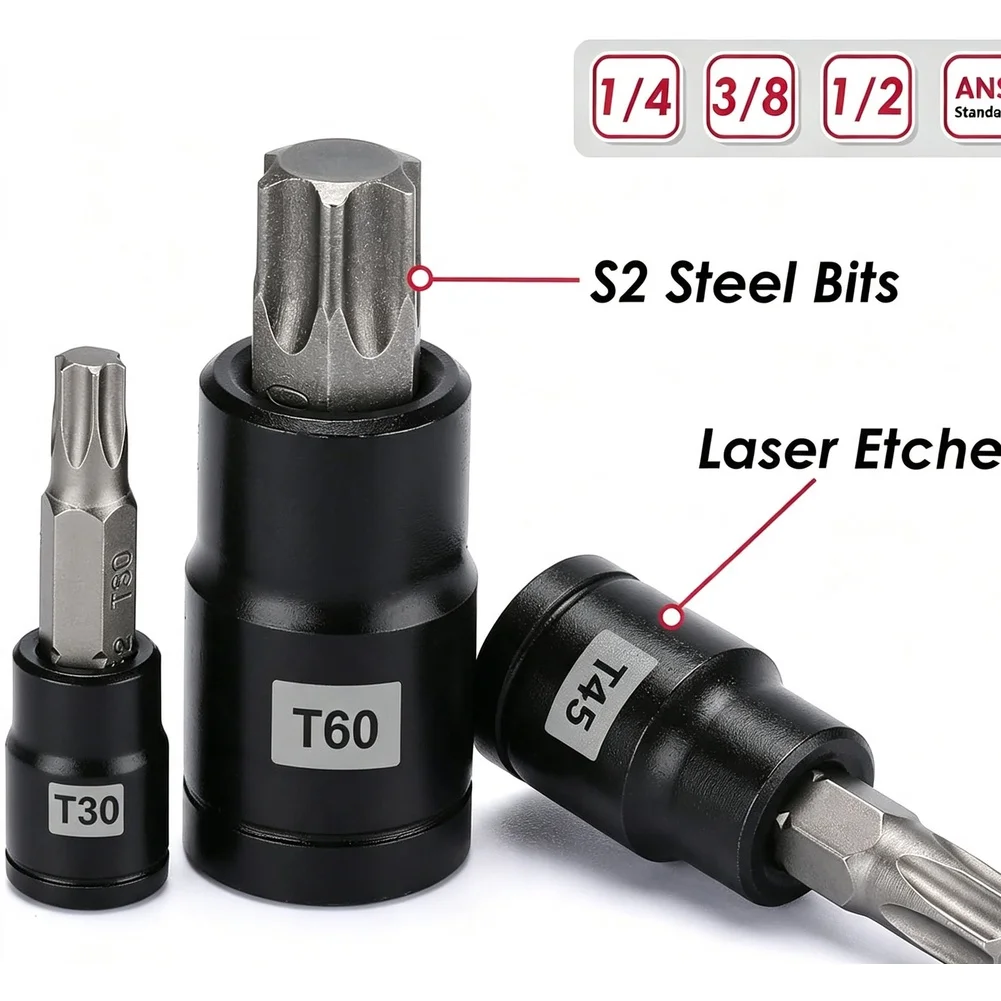 25Pcs Star Bit Set T8-T60 With Socket Adapter 1/2 3/8 1/4, CR-V Steel Heat Treated For Drill & Screwdriver