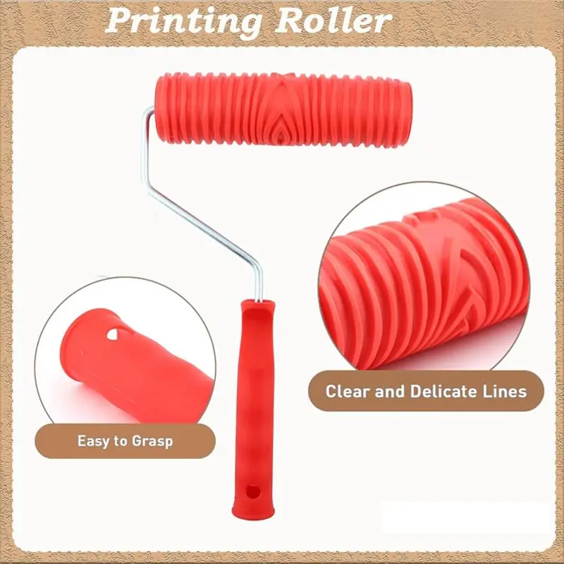 ABJI-Wood Grain Tool Set - Wood Grain Painting Roller With Handle For Wall Floor Deck Furniture DIY Room Decoration