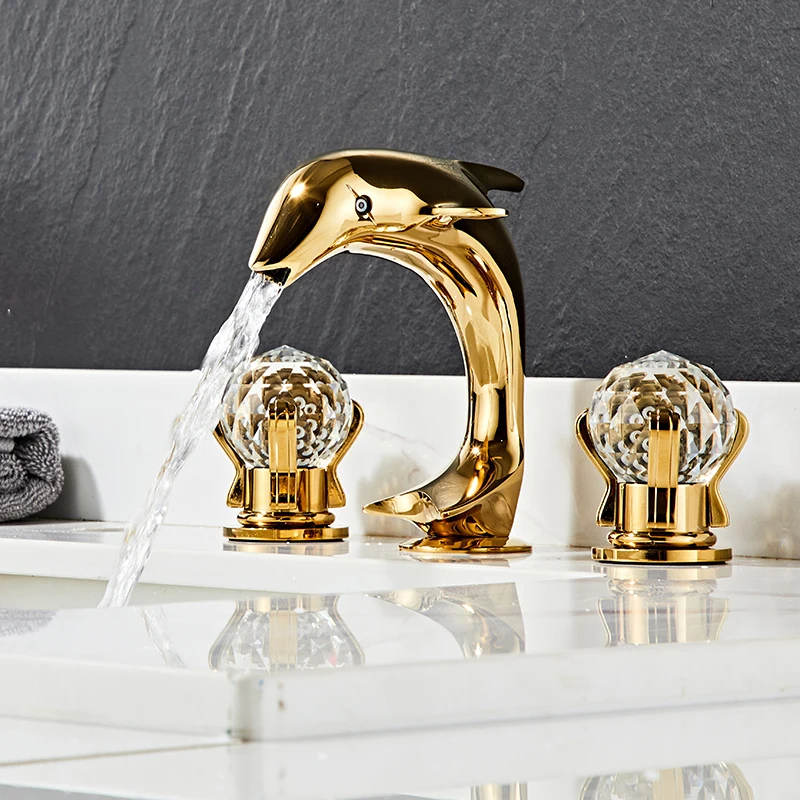 Crystal Handle Widespread Hot Cold Water Mixer Tap dolphin Bathroom Faucet Crane torneiras 3Pcs Golden Bathroom Basin Faucet