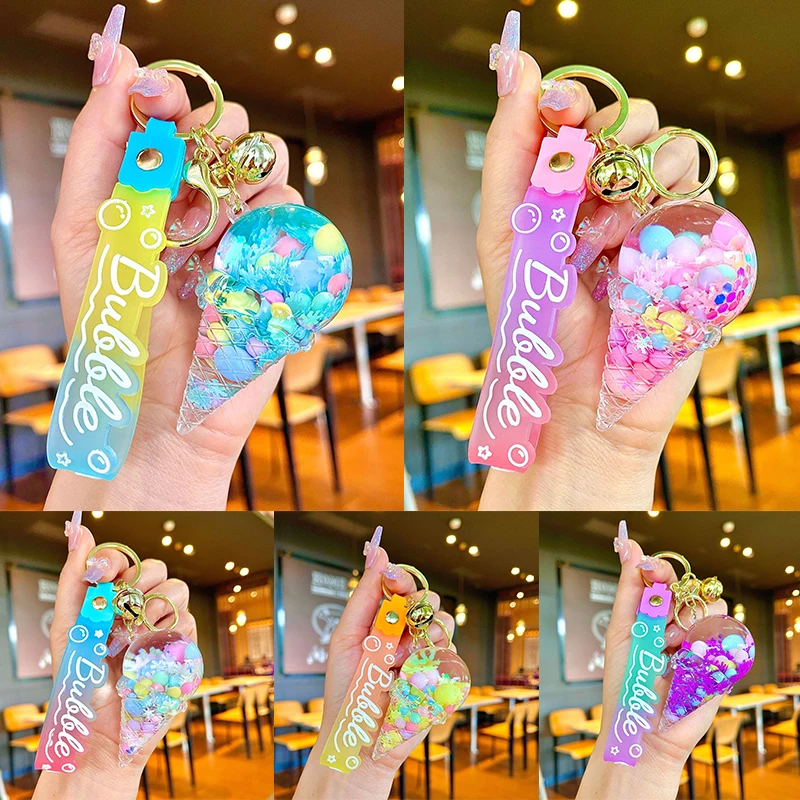 Summer Oil Liquid Lollipop Keychain Floating Quicksand Snowflake Glitter Acrylic Keyring Pendant For Women Backpack Key Chains