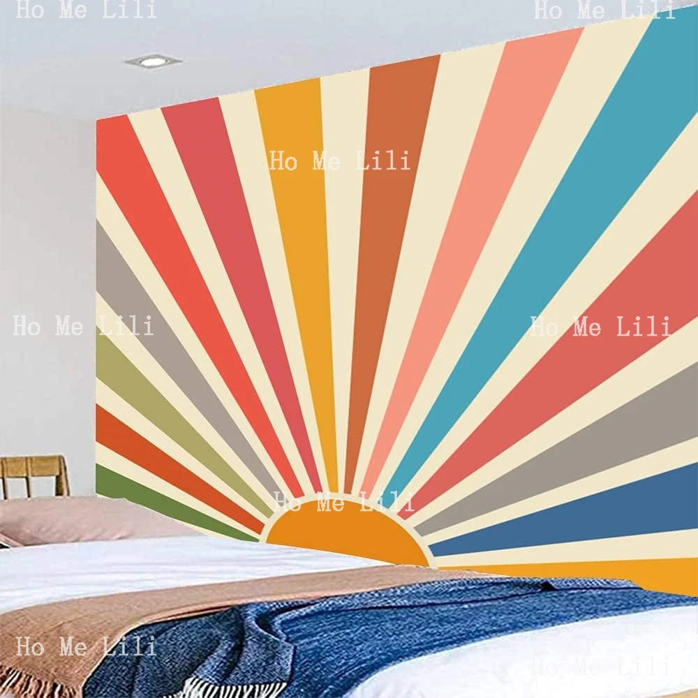 Vintage Sun Boho Wall Hanging Retro 70s Rainbow Sunrise Sunset Minimal Geometric Abstract Art Hippie Decor For Dorm Bedroom