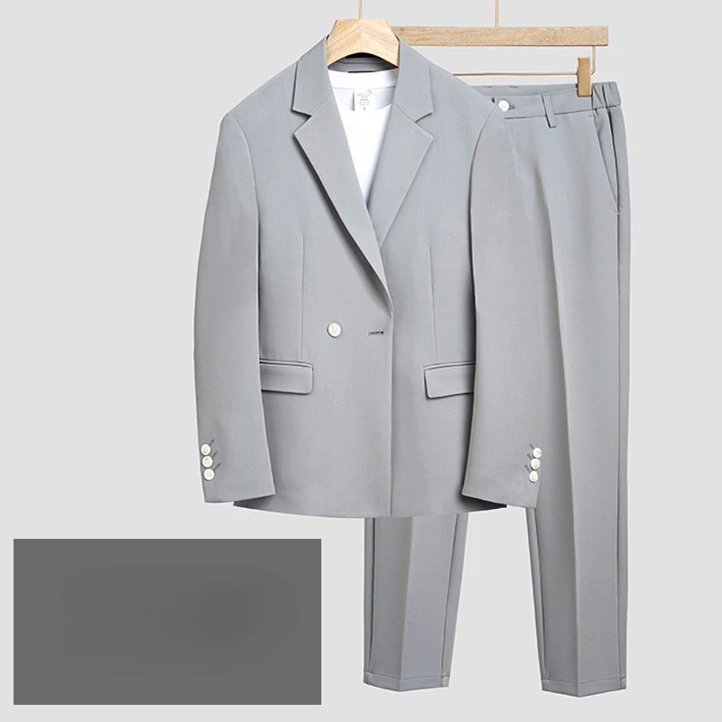 Men\'s Casual Suit with Blazer and Elastic Waist Trousers, Korean Version, Monochromatic, Large Size, Loose, Breathable, Professi