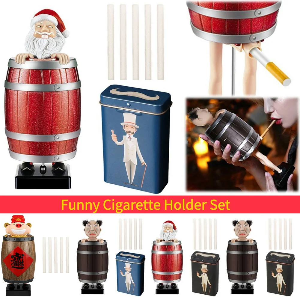 Funny Cigarette Holder Santa Claus in The Wooden Barrel Cigarette Dispenser Cigarette Case for Christmas Party Prank Toy