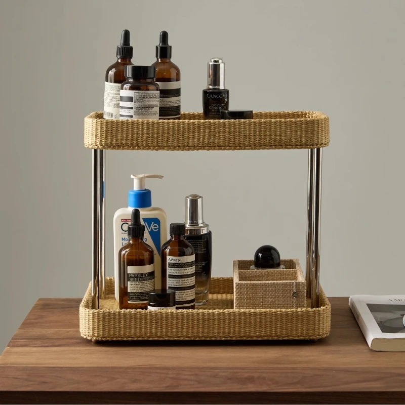 Vintage Rattan Cosmetic Organizer Multifunctional Vanity Tray for Makeup/Perfume 2-layers Cup Holder Minimalist Dresser Shelf