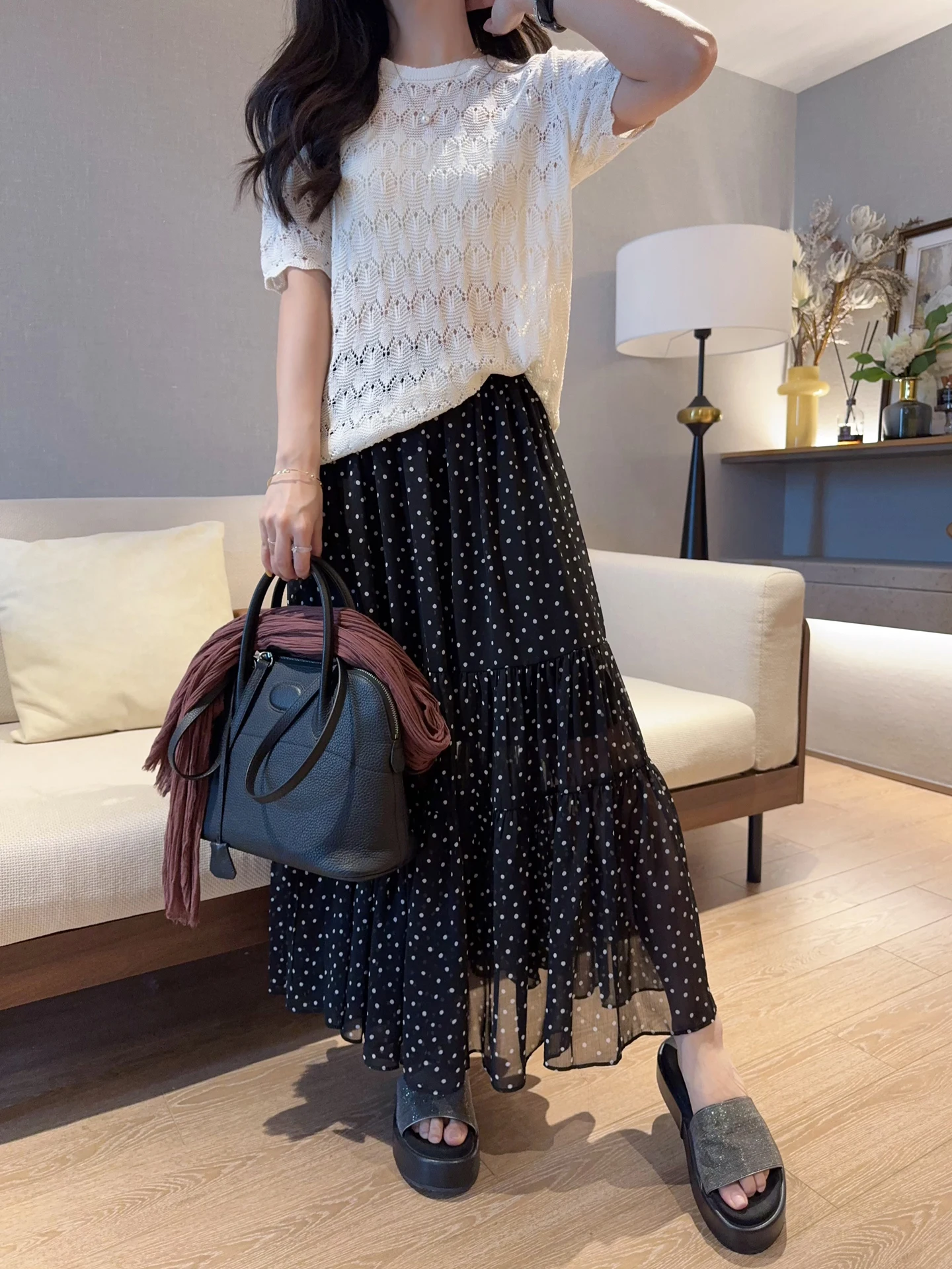 

Lightweight Romantic Black White Polka Dot Print Long Skirt Slimming Elastic High Waist A-Line Skirt Cake Skirt Summer