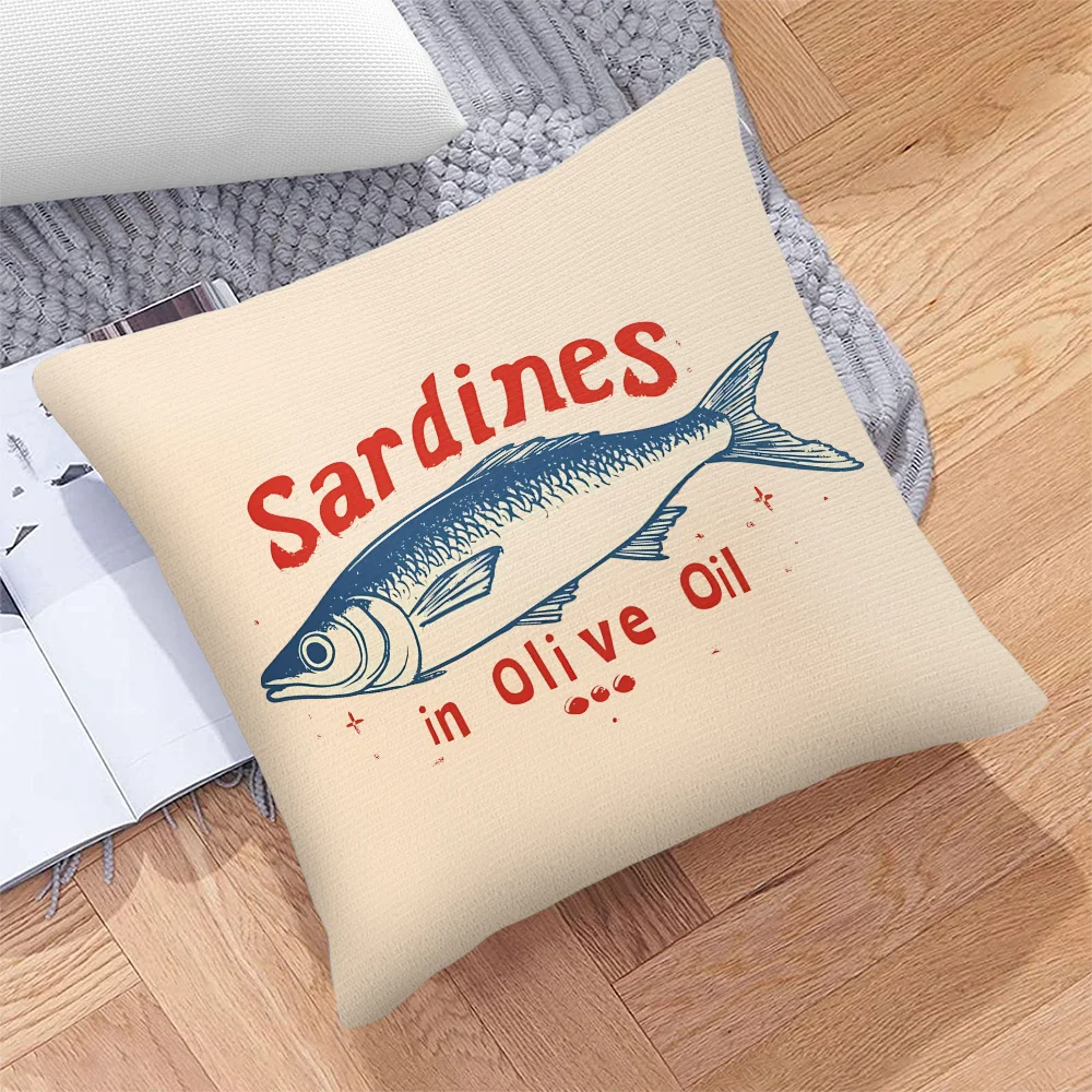 Sardines in Olive Oil Pillow Cover Retro Fish Can Label Cushion Case Soft Plush Invisible Zipper Machine Washable Sofa Decor