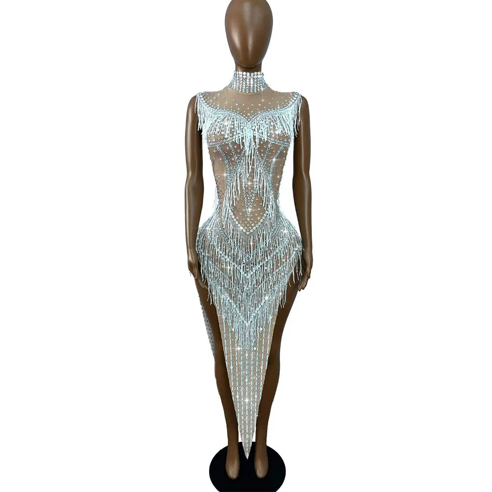 Sexy Elegant Designed Twinkling Rhinestones Tassels High Split Dress Party Evening Exquisite Gown Red carpet Show Stage Wear