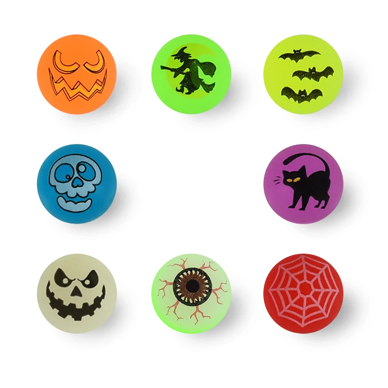 10–100 Stück Halloween-Themen-Designs, leuchtend, im Dunkeln leuchtend, springender Ball, Kürbis, Hexe, Augapfel, Spinnennetz, Fledermaus, Totenkopf, Party-Versorgung