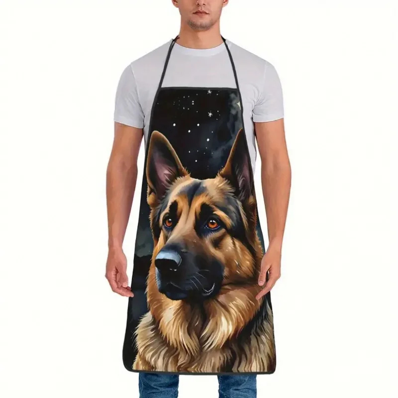 German Shepherd Apron – Realistic Dog Portrait Under Starry Sky, Waterproof Polyester, Adjustable Neck Strap Gift for Pet Lovers