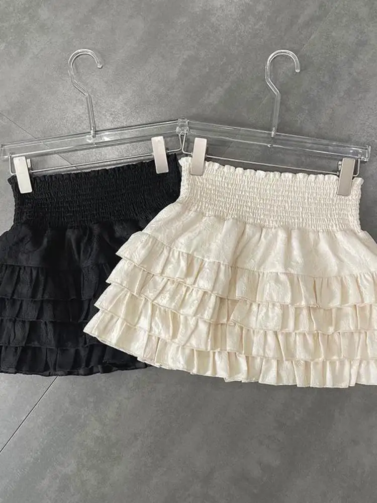 Streetwear Y2k Ruffles Mini Skirts Women Sweet Kawaii High Waist Lace A Line Skirt Summer Korean Fashion Black Ball Gown Skirts