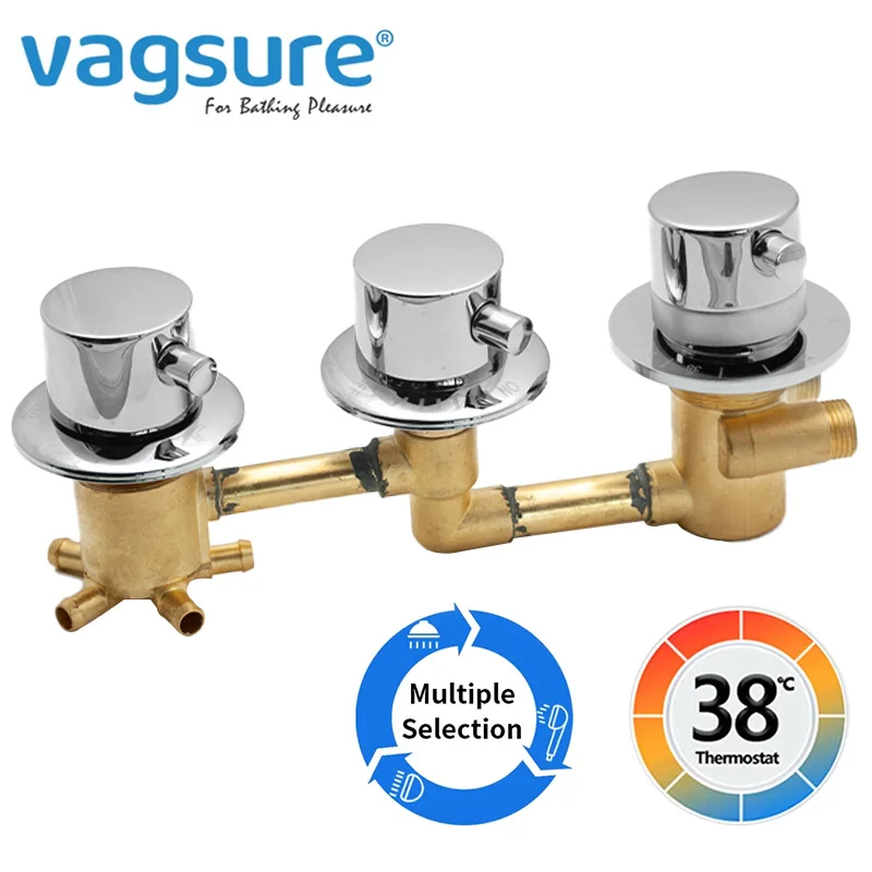 Solid Brass Thermostatic Shower Faucet Shower Room 3 Knobs Thermostatic Control Valve Mixer Tap  2/3/4/5 Way Output Diverter