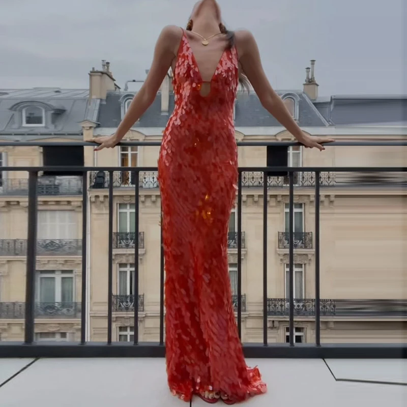Nuevo vestido largo de lentejuelas brillantes con escote en V profundo y corte bajo, vestido de fiesta de cintura alta sin mangas a la moda, vestidos sexis ajustados multicolores