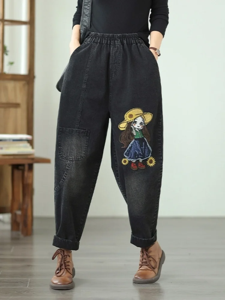 

Женские свободные джинсы с вышивкой для девочек с героями мультфильмов, повседневные брюки с эластичной резинкой на талии, универсальные модные брюки Harlan на осень и весну