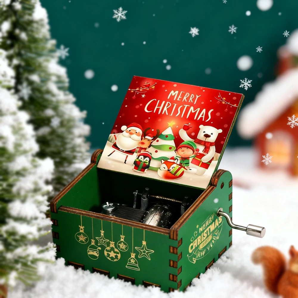 Handmade Wooden Musical Gift - Christmas Cranking Music Box with Festive Painting, Wholesale Party Favors & Decor
