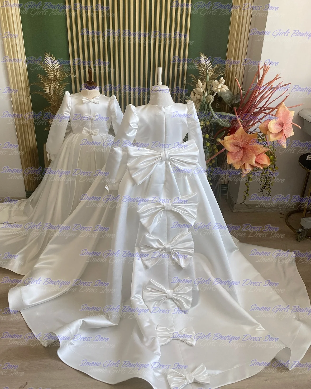 Bow Tie Evening Dress Long Sleeves Flower Girl Dress for Holiday Celebrations Wedding Ceremonies Parties Birthday