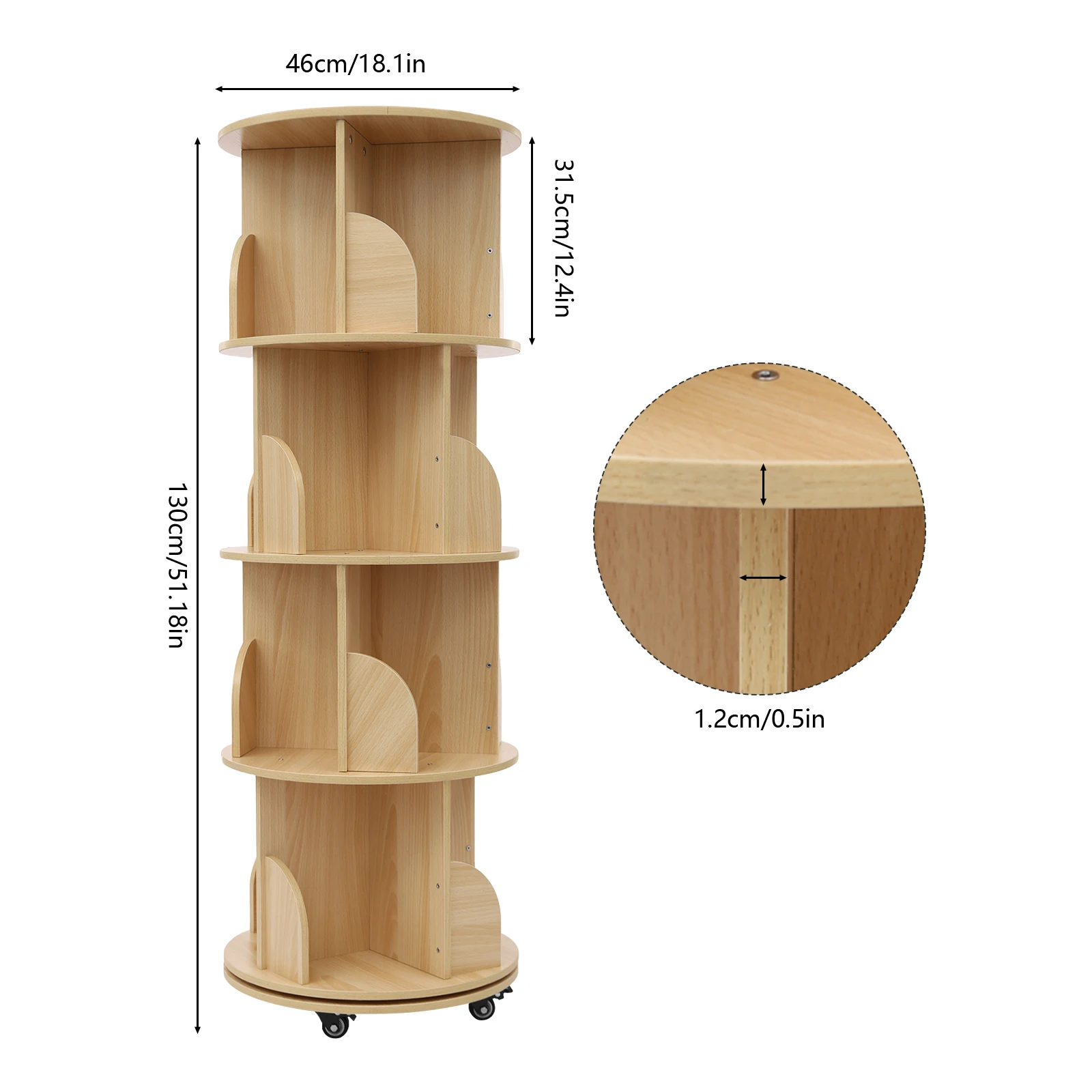 Massivholz 360 ° Drehbares Bücherregal 3-stöckiges Standregal Aufbewahrungsregal für Büro Zuhause Wohnzimmer für Kinder & Erwachsene – Detail 4