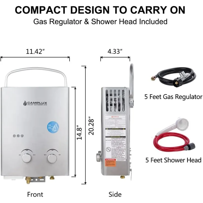 Small Portable Propane Water Heater, Camplux 1.32 GPM Outdoor Tankless Gas Water Heaters for Camping, 5L, Gray