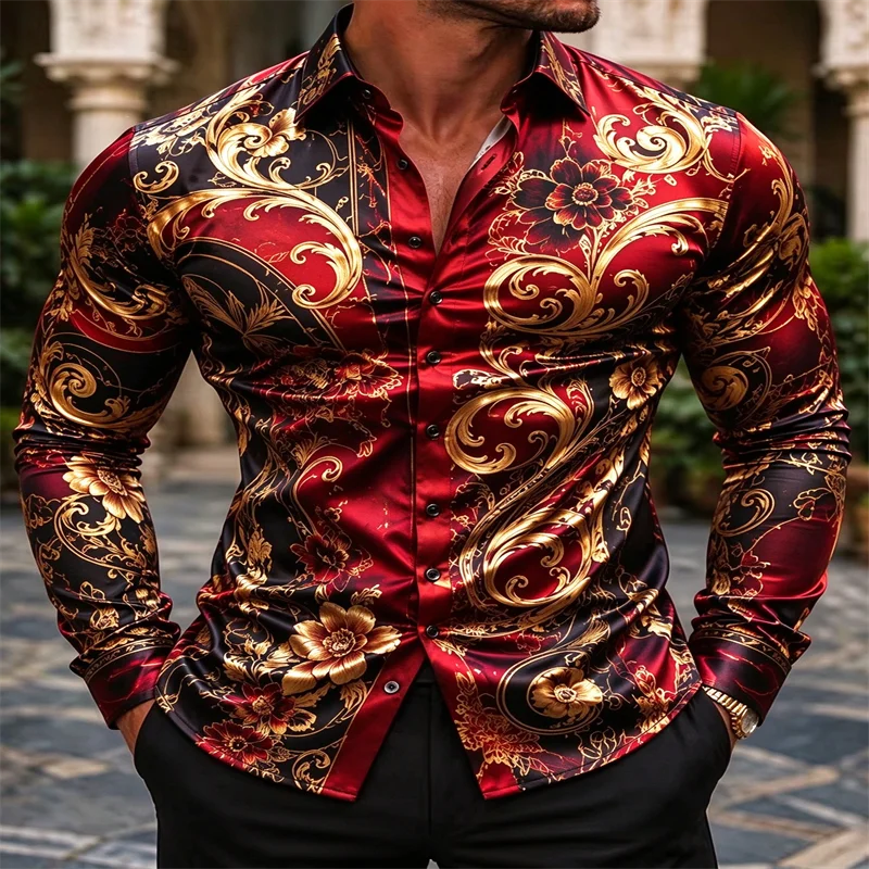 Men's Red Gold Baroque Floral Print Satin Long Sleeve Shirt Luxury Glossy Slim Fit Button Up Shirt Wedding Party Formal Dress Sh