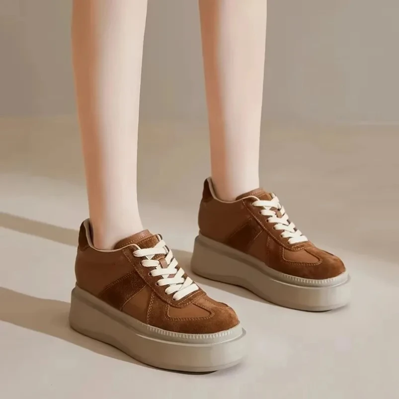 

2025 New Suede Leather Women's Sneakers Lace Up Wedges Heels Thick Bottom Platform Sneakers Ladies Casual Shoes